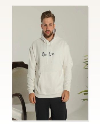 Kadın Üç İplik Şardonlu Salaş Stil Oversize Beyaz “other Lives” Ön ve Arka Baskılı, Kanguru Cepli, Ribanalı