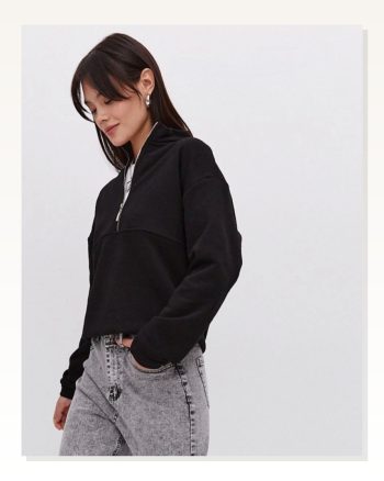 Kadın Salaş Stil Siyah Oversize Yarım Farmuarlı Yakalı Basic Sweatshirt