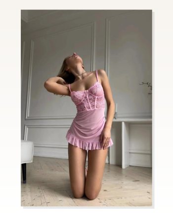 Pembe Balenli Tül Dantelli Gecelik TM1406