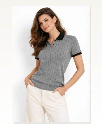 Polo Yaka Çizgili Tişört Kısa Kol Düğmeli Yazlık T-shirt Gri