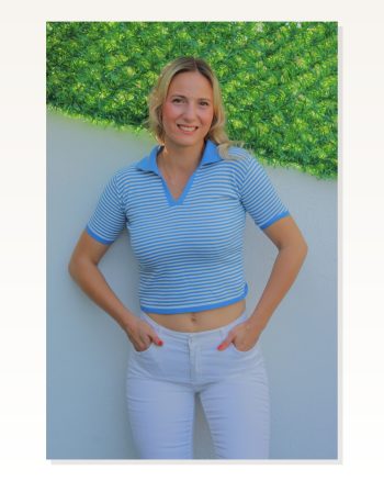 Kadın Günlük Stil Polo Yaka Çizgili Mavi Tişört