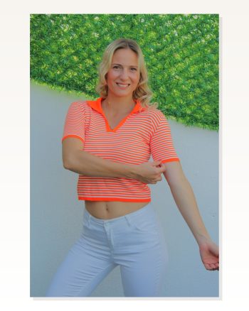 Kadın Günlük Stil Polo Yaka Çizgili Turuncu Tişört