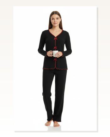 Kadın Premium 4’Lü Fitilli Set Siyah Kırmızı Biyeli (pijama Üst, Bikini Takımı) Pantolon