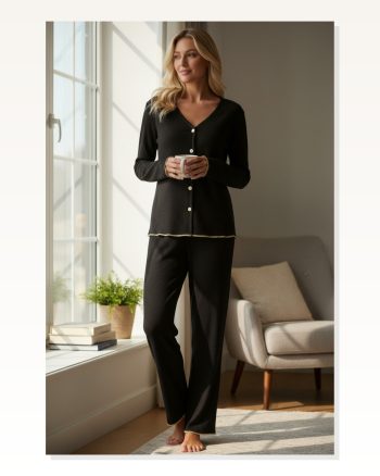 Kadın Yumuşak Dokulu Premium Fitilli Siyah Gold Biye Detaylı, Ev Şıklığı Pijama Takımı