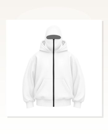 Samuray Ninja Çift Kapşonlu ZIP Fermuarlı Kanguru Çepli Hoodie Maske Detaylı Swetshirt Beyaz