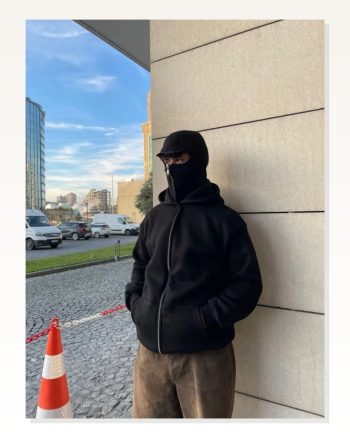 Erkek Asimetrik Fermuarlı Siyah Samuray Ninja Kapüşonlu Hoodie