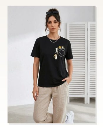 Sevimli Kedi Cep Baskılı Tişört Kısa Kol Yazlık T-shirt Siyah