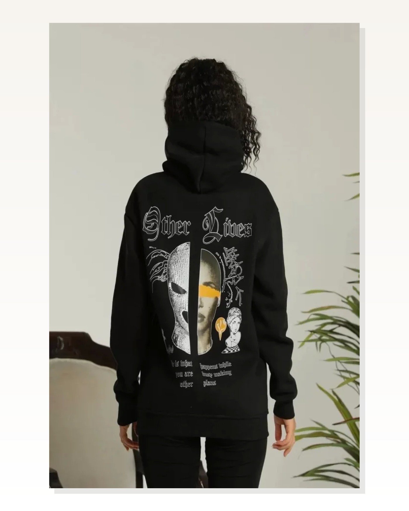Grafik Sırt Baskılı Erkek Sokak Stili Siyah Üç İplik Kapüşonlu Oversize Sweatshirt Marketplace blank