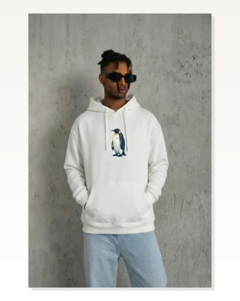 Kadın Sırt Baskılı Salaş Stil Beyaz Siyah Oversize Hoodie Survivor Penguin Temalı, Felsefi Yazılı Kapüşonlu