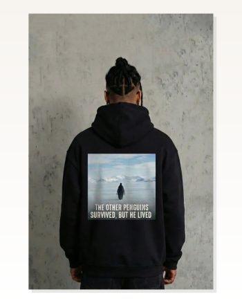 Kadın Sırt Baskılı Salaş Stil Siyah Oversize Hoodie Survivor Penguin Temalı, Felsefi Yazılı Kapüşonlu