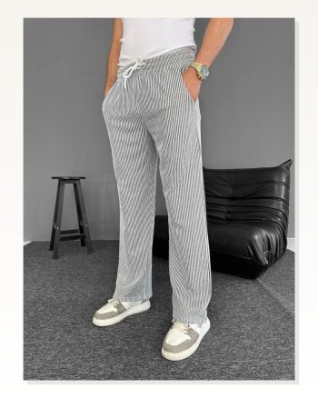 Kadın Modern Stil Gri Su Yolu Çizgili Cepli Pantalon