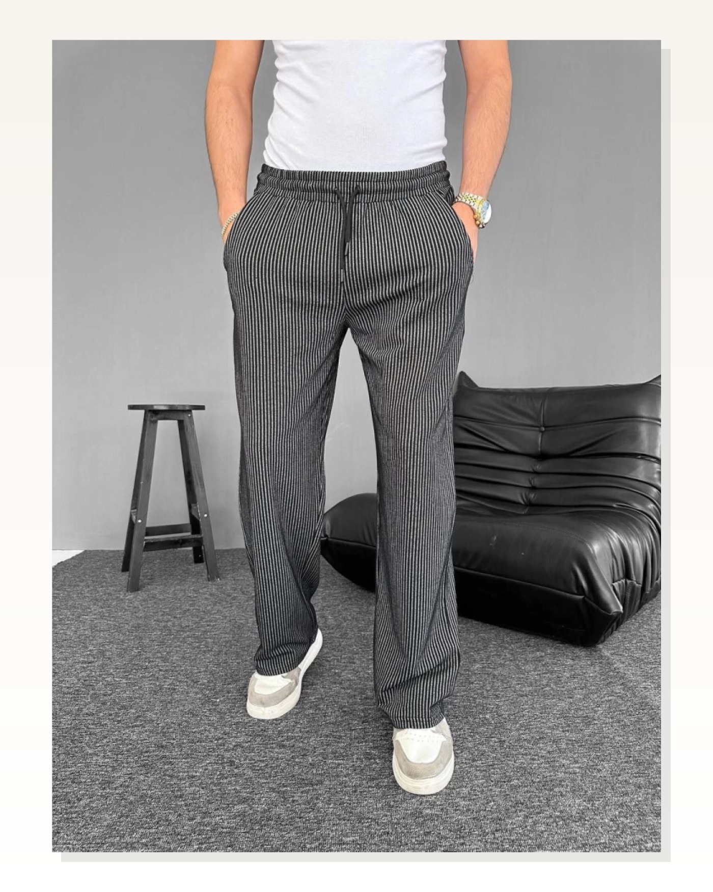 Kadın Modern Stil Siyah Su Yolu Çizgili Cepli Pantalon Marketplace blank