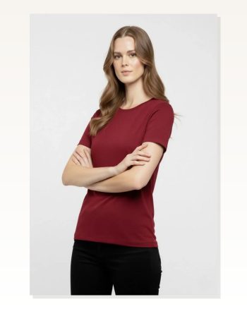 Kadın Bordo Bisiklet Yaka Slim Fit Likralı Günlük Basic Body Tişört