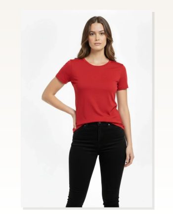 Kadın Kırmızı Bisiklet Yaka Slim Fit Likralı Günlük Basic Body Tişört