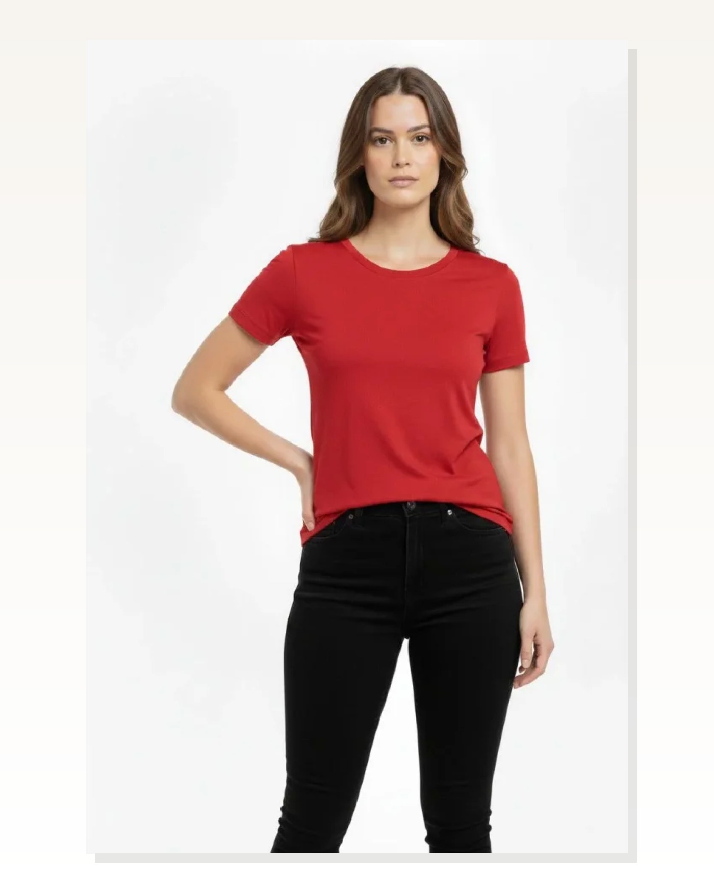 Kadın Kırmızı Bisiklet Yaka Slim Fit Likralı Günlük Basic Body Tişört Marketplace blank