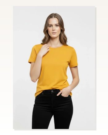 Kadın Sarı Bisiklet Yaka Slim Fit Likralı Günlük Basic Body Tişört