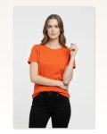 Kadın Turuncu Bisiklet Yaka Slim Fit Likralı Günlük Basic Body Tişört