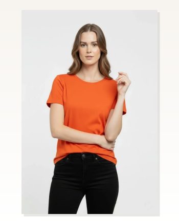 Kadın Turuncu Bisiklet Yaka Slim Fit Likralı Günlük Basic Body Tişört