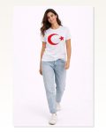 Baskılı Kadın Günlük Stil Beyaz Kısa Kol Bisiklet Yaka Ay Yıldız Bayrak Tişört Marketplace