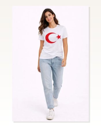 Kadın Baskılı Günlük Stil Beyaz Kısa Kol Bisiklet Yaka Ay Yıldız Bayrak Tişört