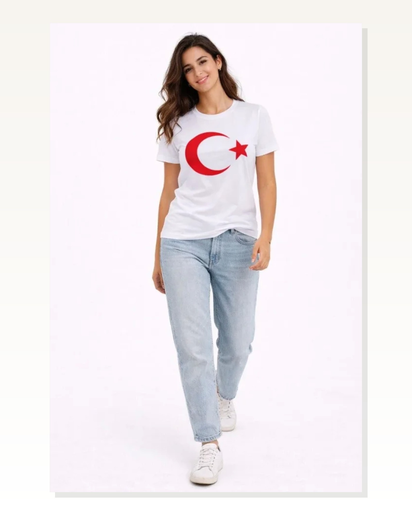Baskılı Kadın Günlük Stil Beyaz Kısa Kol Bisiklet Yaka Ay Yıldız Bayrak Tişört Marketplace blank