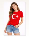 Kadın Baskılı Günlük Stil Kırmızı Kısa Kol Bisiklet Yaka Ay Yıldız Bayrak Tişört