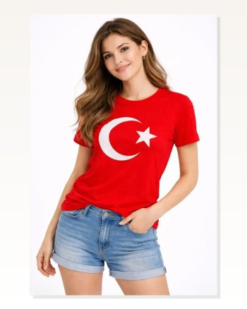 Kadın Baskılı Günlük Stil Kırmızı Kısa Kol Bisiklet Yaka Ay Yıldız Bayrak Tişört