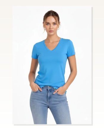 Kadın Açık Mavi V Yaka Slim Fit Likralı Günlük Basic Body Tişört