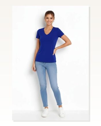 Kadın İndigo V Yaka Slim Fit Likralı Günlük Basic Body Tişört