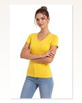 Kadın Sarı V Yaka Slim Fit Likralı Günlük Basic Body Tişört Marketplace