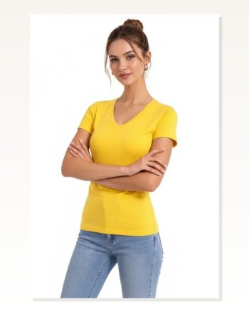 Kadın Sarı V Yaka Slim Fit Likralı Günlük Basic Body Tişört