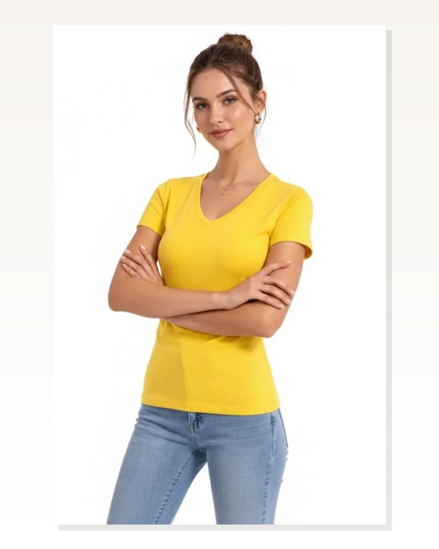 Kadın Sarı V Yaka Slim Fit Likralı Günlük Basic Body Tişört Marketplace blank