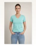 Kadın Turkuvaz V Yaka Slim Fit Likralı Günlük Basic Body Tişört