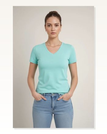 Kadın Turkuvaz V Yaka Slim Fit Likralı Günlük Basic Body Tişört
