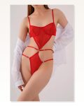 Transparan Kırmızı Dekolteli Balenli Fantazi İç Giyim Body TM1409