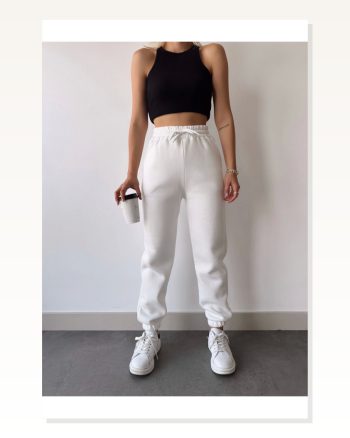 Üç İplik Basic Lastikli Eşofman Pantolon Beyaz