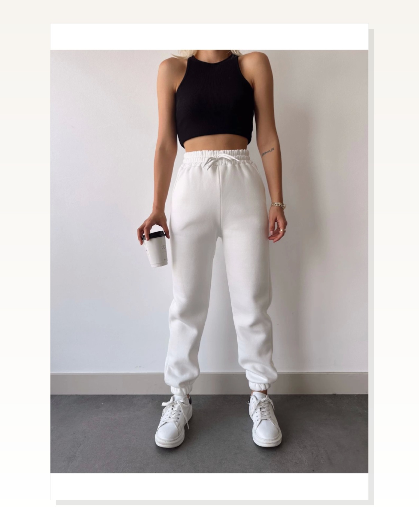 Üç İplik Basic Lastikli Eşofman Pantolon - Beyaz Marketplace blank