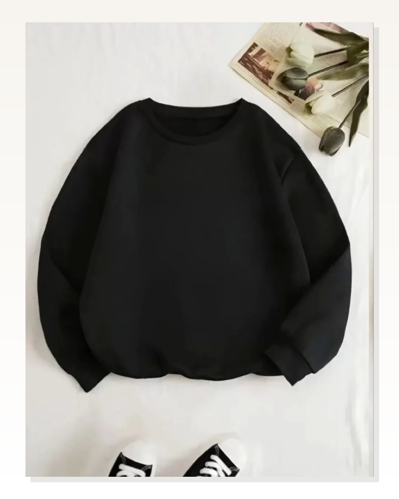 Üç İplik Şardonlu Kadın Sıcak Tutan Siyah Basic Bisiklet Yaka Sweatshirt Marketplace blank