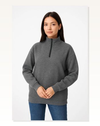 Kadın Günlük Stil Antrasit Üç İplik Dık Yaka Yarım Fermuarlı Sweatshirt