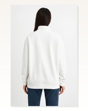 Kadın Günlük Stil Beyaz Üç İplik Dık Yaka Yarım Fermuarlı Sweatshirt