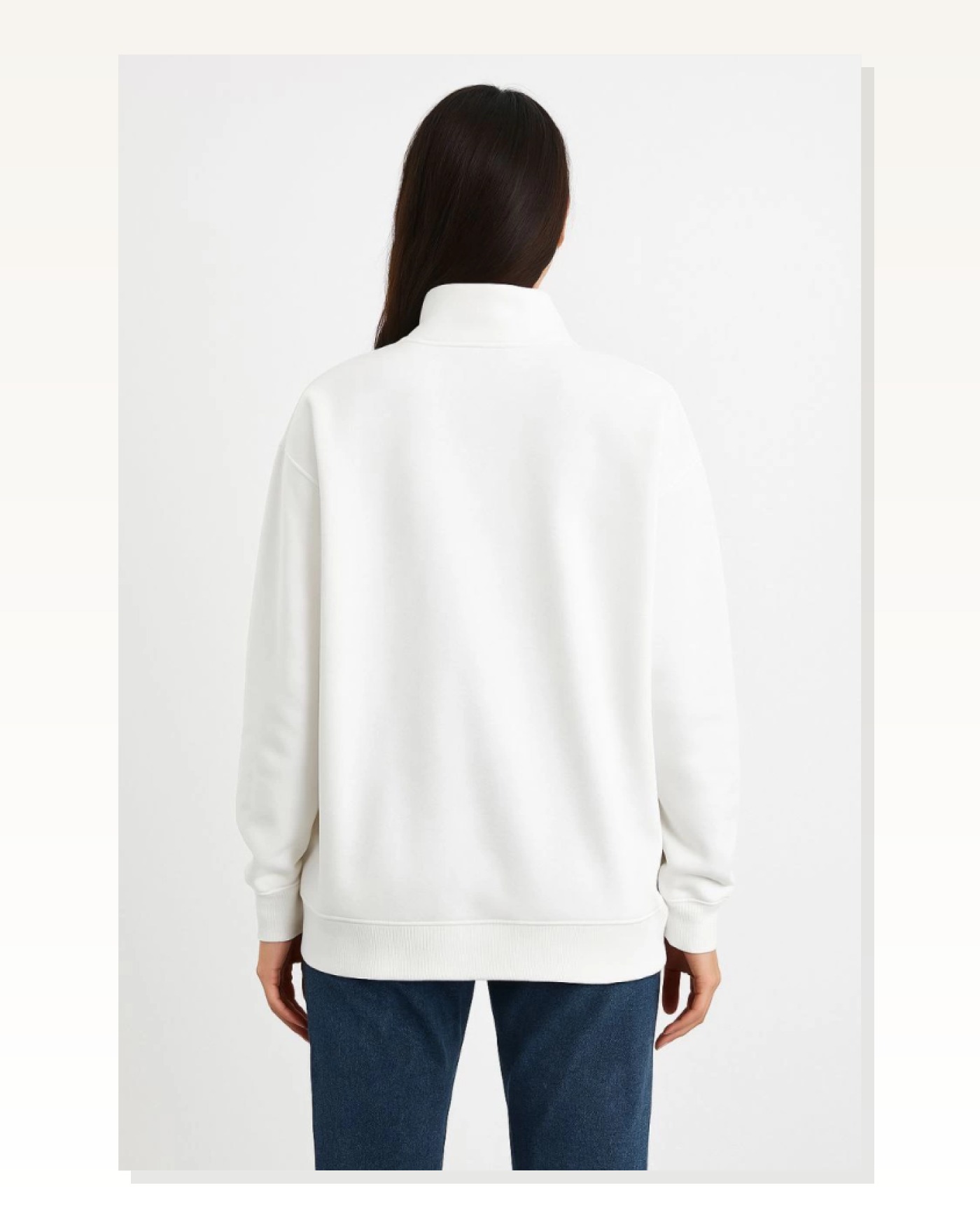 Kadın Günlük Stil Beyaz Üç İplik Dık Yaka Yarım Fermuarlı Sweatshirt Marketplace blank