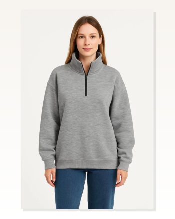 Kadın Günlük Stil Gri Üç İplik Dık Yaka Yarım Fermuarlı Sweatshirt