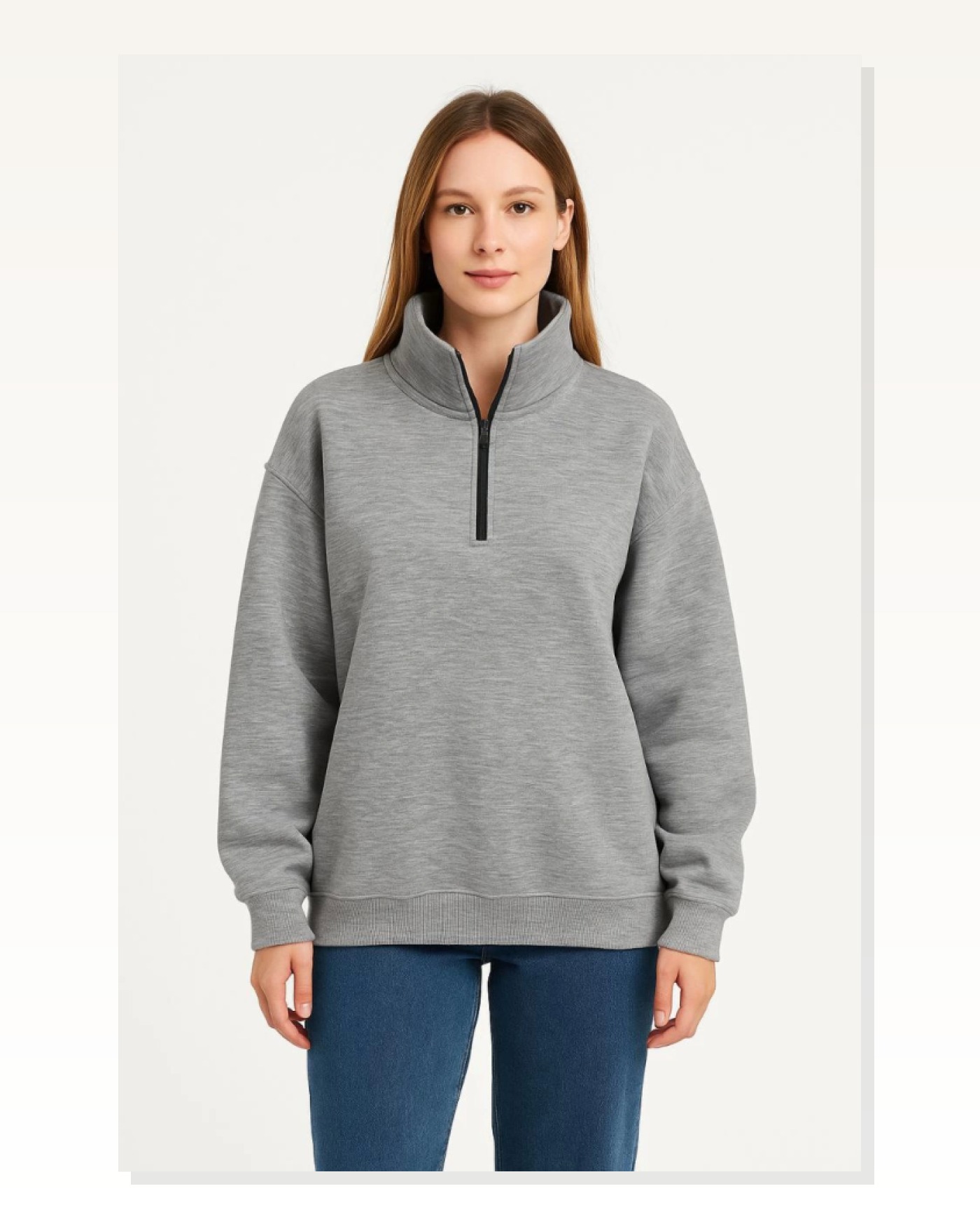 Kadın Günlük Stil Gri Üç İplik Dık Yaka Yarım Fermuarlı Sweatshirt Marketplace blank