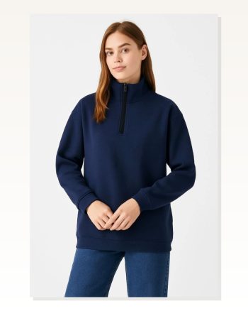 Kadın Günlük Stil Lacivert Üç İplik Dık Yaka Yarım Fermuarlı Sweatshirt