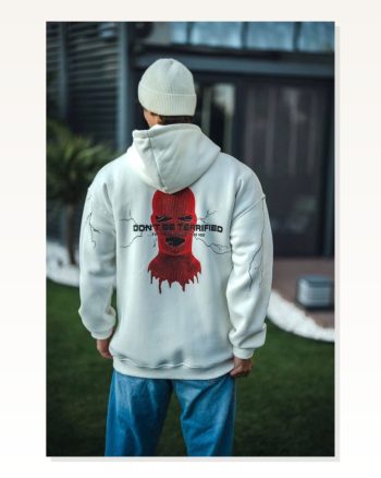 Kadın Beyaz Oversize Sweatshirt Baskılı Sokak Stili Üç İplik Kapüşonlu