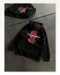 Kadın Siyah Oversize Sweatshirt Baskılı Sokak Stili Üç İplik Kapüşonlu