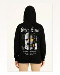 Kadın Arka Baskılı Sokak Stili Üç İplik Kapüşonlu Ön ve Hoodie- Siyah Sweatshirt