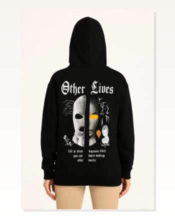Kadın Arka Baskılı Sokak Stili Üç İplik Kapüşonlu Ön ve Hoodie- Siyah Sweatshirt