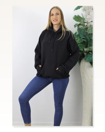 Kadın Sokak Stili Üç İplik Kapüşonlu Sweat Siyah