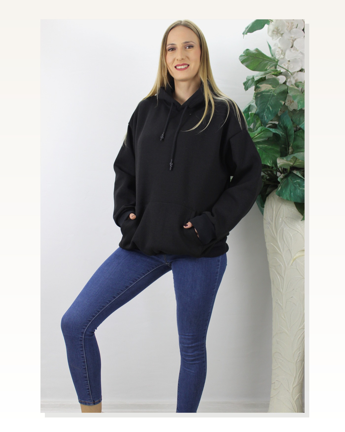 Kadın Sokak Stili Üç İplik Kapüşonlu Sweat Siyah Marketplace blank